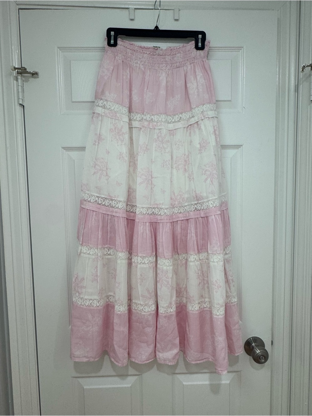 LoveShackFancy Pink & White Tiered Floral Maxi Skirt